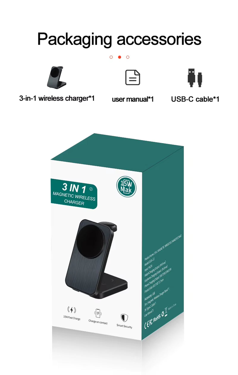 Experience Ultimate Convenience with Our New Foldable 15W Magnetic 3-in-1 Wireless Charging Station – Charge Up to 3 Devices Simultaneously with PD 3.0 Compatibility!