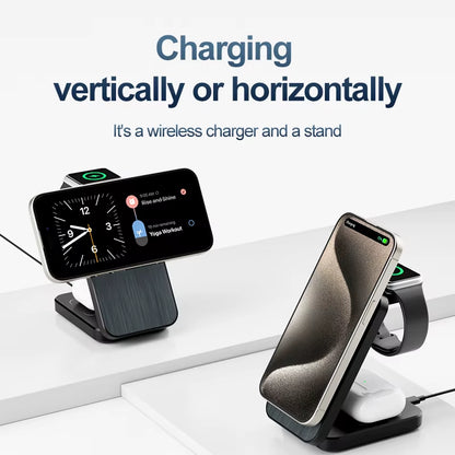 Experience Ultimate Convenience with Our New Foldable 15W Magnetic 3-in-1 Wireless Charging Station – Charge Up to 3 Devices Simultaneously with PD 3.0 Compatibility!