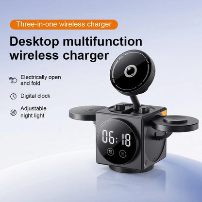 Transform Your Workspace with the 3-in-1 Multifunctional Wireless Charger Dock Station Featuring a Digital Clock and Night Light