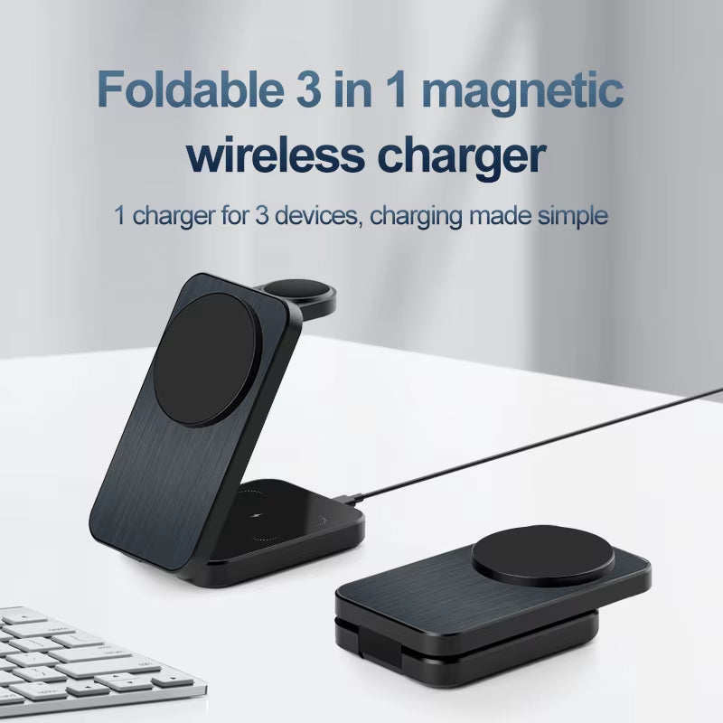 Experience Ultimate Convenience with Our New Foldable 15W Magnetic 3-in-1 Wireless Charging Station – Charge Up to 3 Devices Simultaneously with PD 3.0 Compatibility!